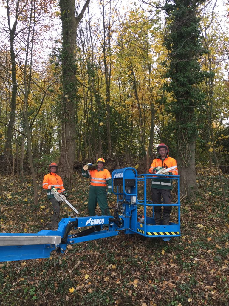 Medewerkers Zwijndrecht bomenploeg aan het werk bij bomen met bijbehorend materiaal zoals kettingzaag.